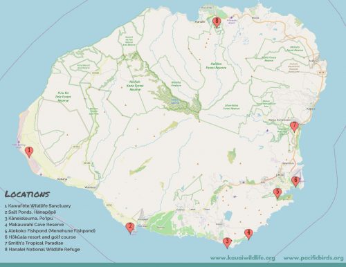 Map of where Kauai's wildlife refuges are located in Kaua'i. Made by Pacific Birds Habitat Joint Venture.